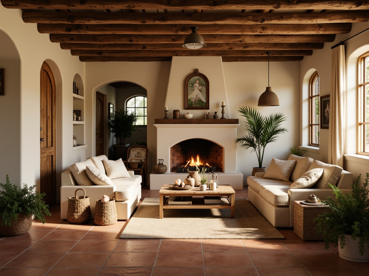 Prompt: Rustic farmhouse interior, warm beige walls, distressed wood accents, vintage metal decorations, earthy terracotta floors, soft cream-colored furniture, natural linen textiles, woven baskets, potted greenery, candlelit ambiance, warm golden lighting, shallow depth of field, 1/1 composition, realistic textures, ambient occlusion.