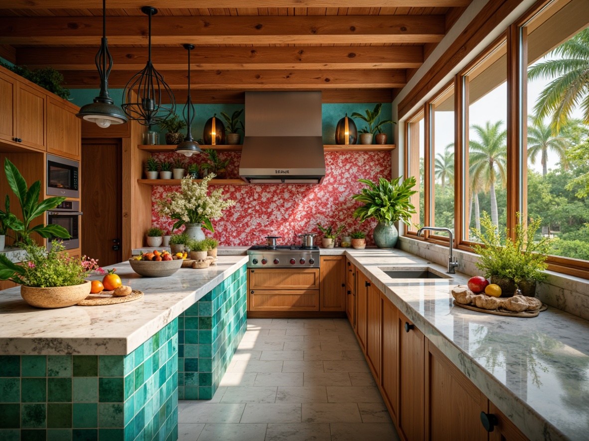 Prompt: Vibrant tropical kitchen, bright coral backsplash, ocean-inspired mosaic tiles, palm tree patterns, natural stone countertops, exotic wood cabinetry, polished chrome fixtures, lush greenery, floral arrangements, warm sunny lighting, shallow depth of field, 1/1 composition, realistic textures, ambient occlusion.