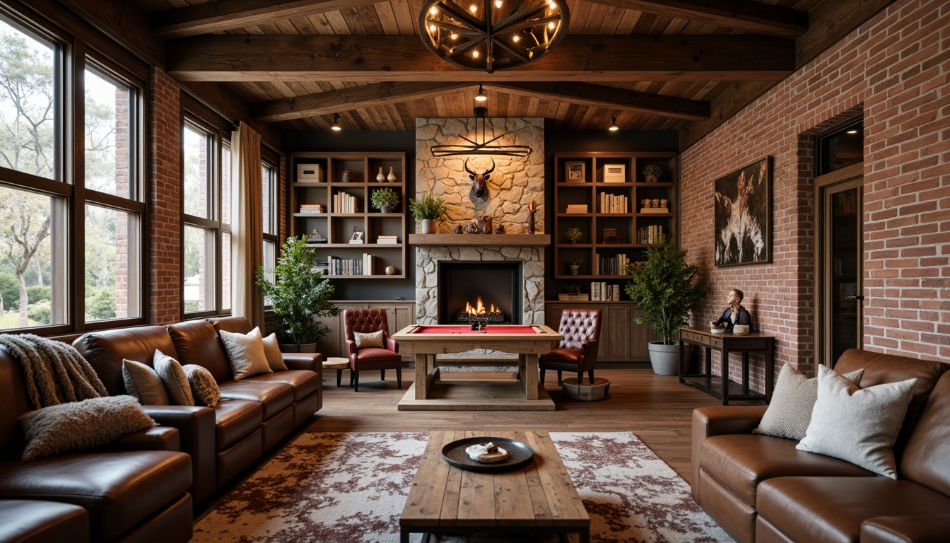 Prompt: Rustic game room, reclaimed wood accent walls, vintage wooden crates, distressed brick finishes, earthy tone color palette, natural stone fireplaces, wooden ceiling beams, industrial metal lighting fixtures, cozy throw blankets, plush area rugs, leather-bound furniture, wooden game tables, decorative antlers, rustic metal decor, warm candlelight, shallow depth of field, 1/2 composition, soft focus effect.