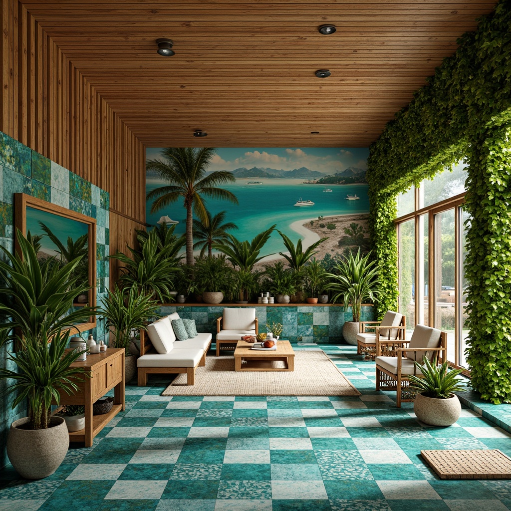 Prompt: Vibrant tropical plants, natural wood accents, woven rattan furniture, colorful ceramic tiles, ocean-inspired murals, coral-patterned carpets, refreshing aqua hues, lush greenery walls, modern minimalist decor, sleek metal fixtures, abundant natural light, soft warm ambiance, shallow depth of field, 3/4 composition, panoramic view, realistic textures, ambient occlusion.