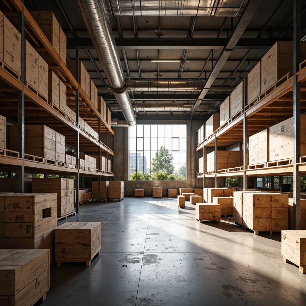 Prompt: Industrial distribution center, wooden crate accents, rustic wood tones, polished concrete floors, exposed ductwork, metal beams, natural light pouring in, minimal decor, functional spaces, open shelving units, wooden pallet racks, modern industrial lighting, subtle warm color palette, soft indirect lighting, shallow depth of field, 1/1 composition, realistic textures, ambient occlusion.