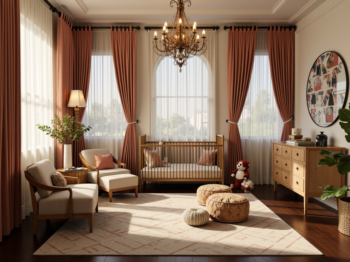 Prompt: Art Deco nursery, luxurious velvet fabrics, ornate metal cribs, elegant wooden dressers, geometric patterned rugs, glamorous chandeliers, soft pastel colors, curved lines, metallic accents, vintage-inspired toys, plush armchairs, distressed leather ottomans, sophisticated wall art, lavish drapery, warm golden lighting, shallow depth of field, 1/1 composition, realistic textures, ambient occlusion.