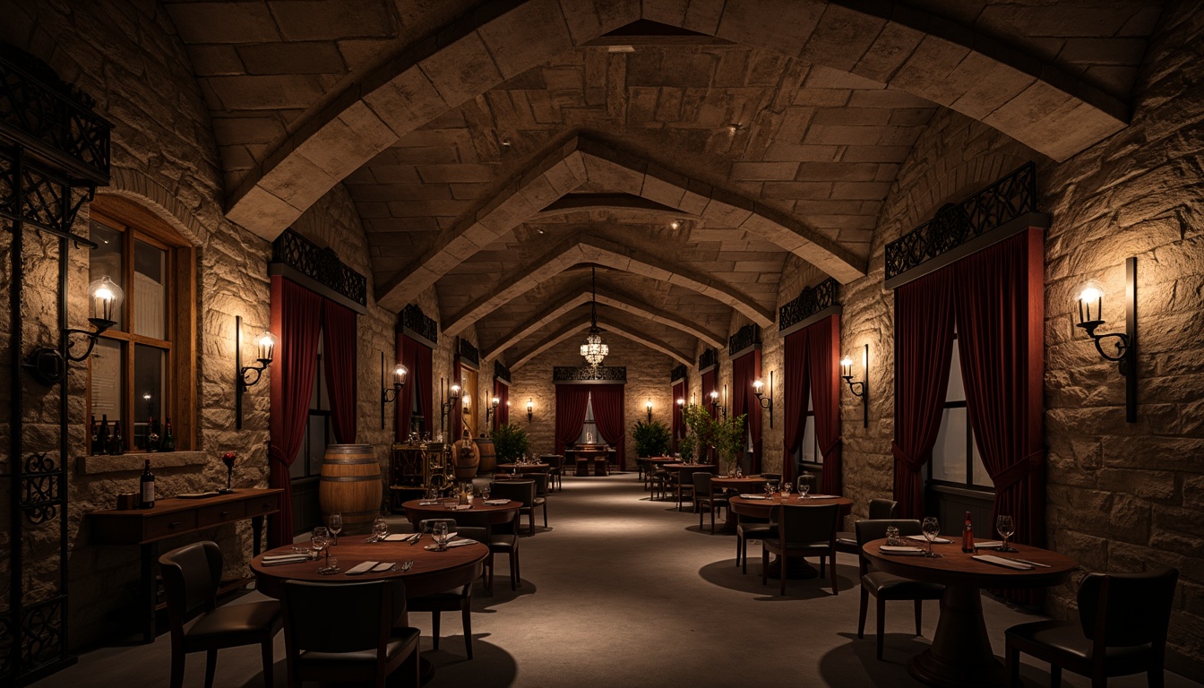 Prompt: Dimly lit wine cellar, vaulted ceilings with ribbed arches, Gothic stone carvings, rich wood accents, ornate metalwork, rustic brick walls, aged wooden barrels, wine tasting tables, velvet drapes, subtle warm lighting, dramatic shadows, intricate stonework, mysterious ambiance, 1/2 composition, high contrast ratio, cinematic mood.