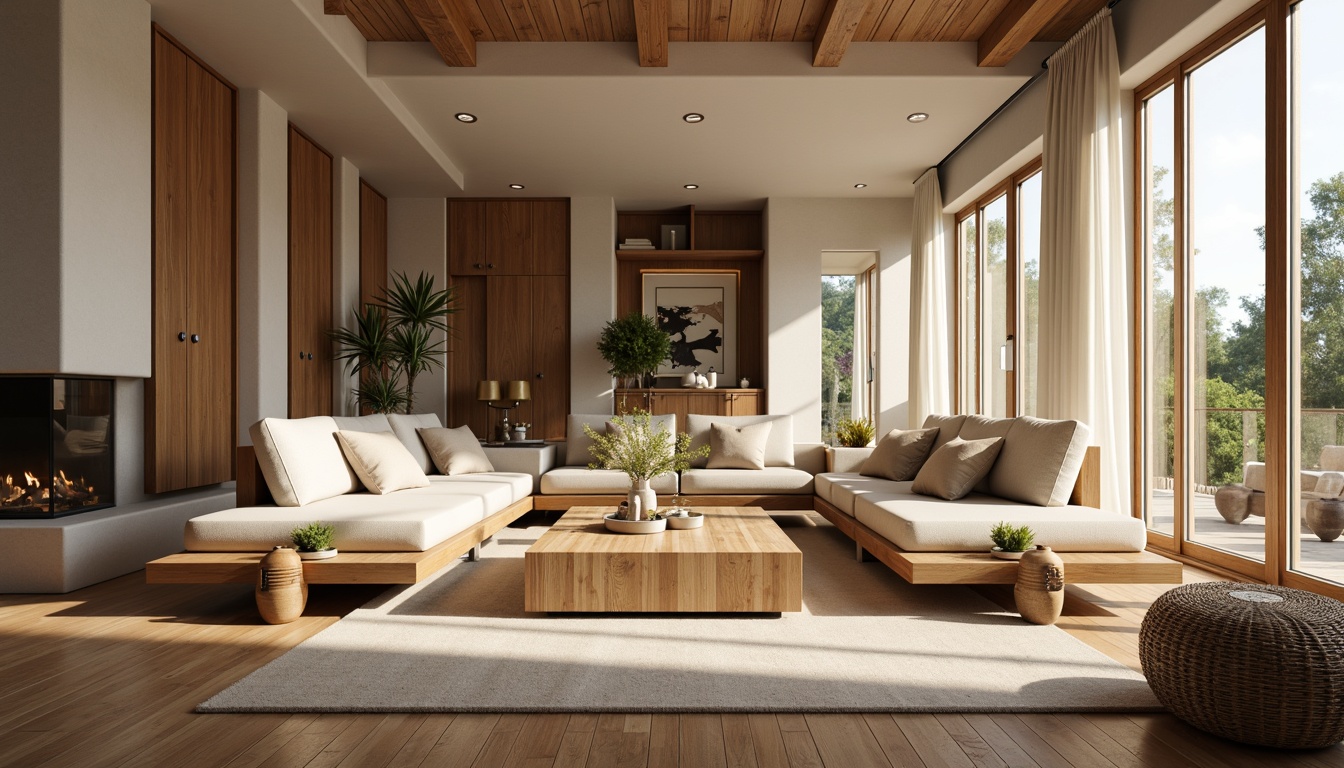 Prompt: Luxurious living room, plush throw pillows, velvet sofas, soft cashmere blankets, warm beige walls, natural wood flooring, cozy reading nook, floor-to-ceiling windows, abundant sunlight, sheer curtains, elegant drapes, subtle patterns, rich textures, tactile sensations, inviting ambiance, relaxation and rejuvenation, warm color palette, 1/1 composition, shallow depth of field, soft focus, realistic renderings.