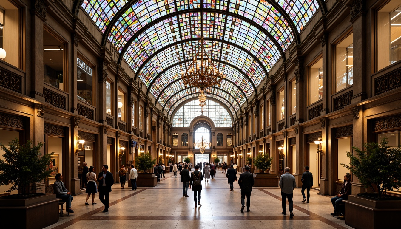 Prompt: Vibrant stained glass ceiling, colorful geometric patterns, ornate metal frames, grand atrium, spacious public hall, marble flooring, elegant chandeliers, natural light filtering, warm ambiance, rich cultural heritage, historical references, intricate designs, symbolic motifs, dignified atmosphere, solemn tone, dramatic lighting effects, shallow depth of field, 1/1 composition, realistic textures, ambient occlusion.