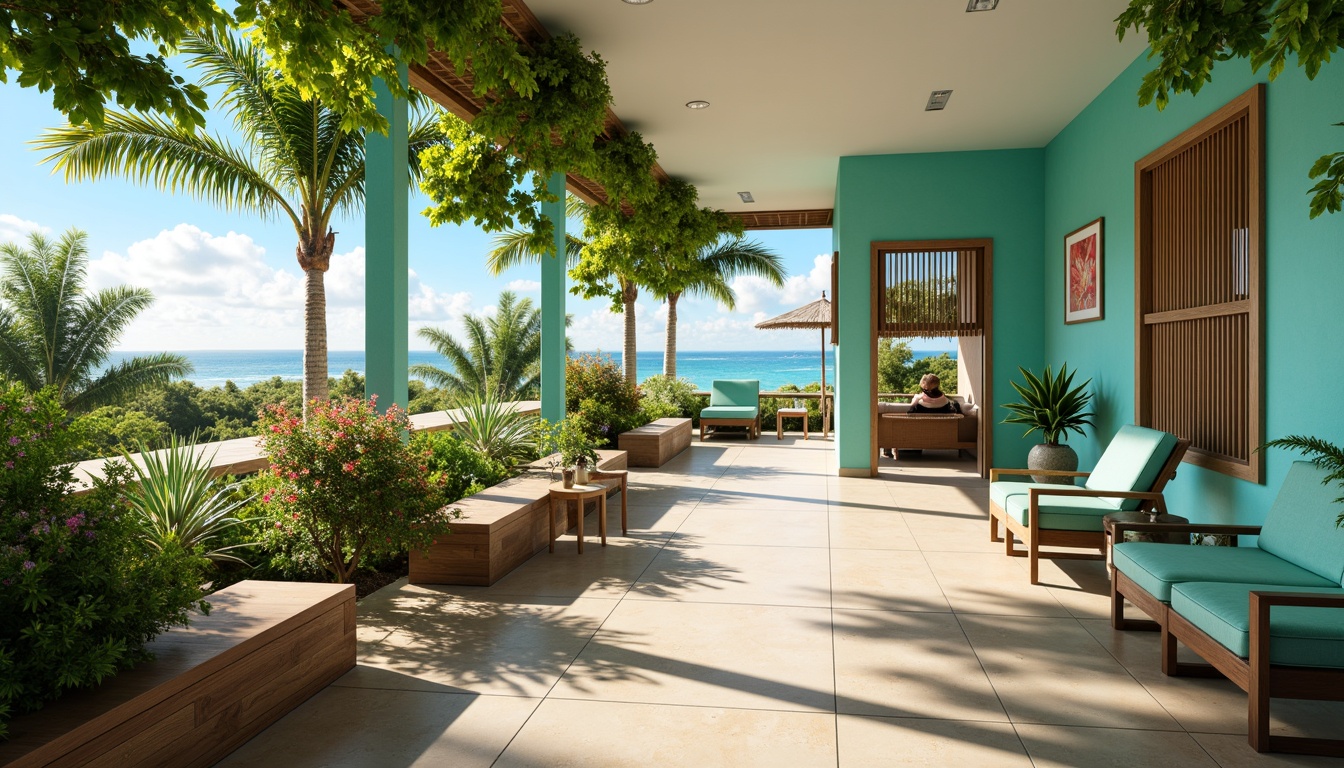 Prompt: Vibrant tropical healthcare center, lush greenery, exotic flowers, calming ocean views, soothing turquoise walls, warm beige floors, natural wood accents, refreshing aqua furniture, lively coral decorations, bright sunny lighting, shallow depth of field, 1/1 composition, serene atmosphere, realistic textures, ambient occlusion.