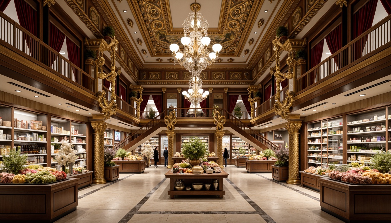 Prompt: Lavish grocery store interior, ornate Rococo style, intricate golden moldings, crystal chandeliers, marble floors, curved staircases, luxurious velvet drapes, ornamental frescoes, gilded accents, elegant wooden shelves, antique bronze fixtures, lavish flower arrangements, soft warm lighting, shallow depth of field, 1/1 composition, realistic textures, ambient occlusion.