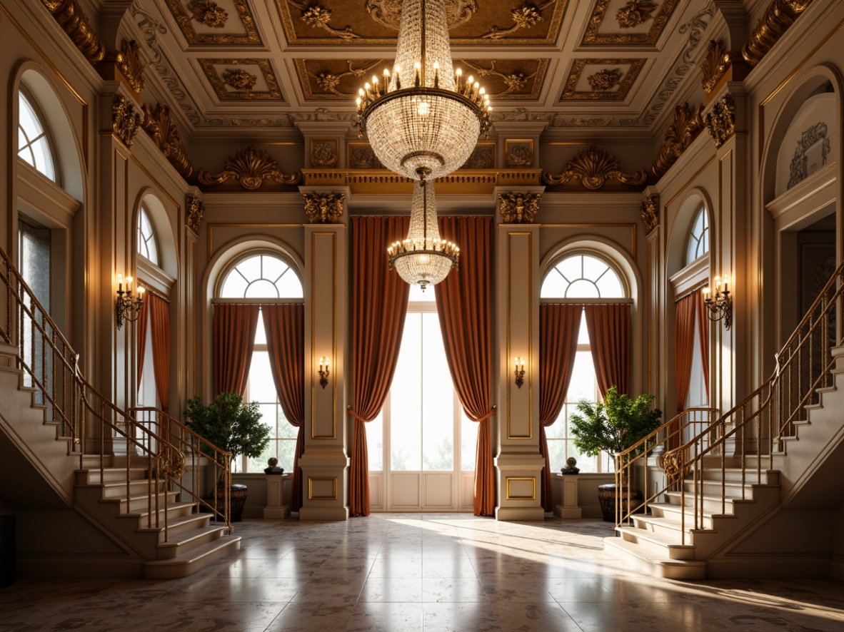 Prompt: Ornate crystal chandeliers, bronze sconces, lavish gold accents, intricate moldings, opulent marble floors, grand staircases, high ceilings, symmetrical compositions, classical arches, ornamental columns, luxurious drapes, rich velvet fabrics, warm soft lighting, golden hour ambiance, subtle shadowing, 1/1 composition, realistic reflections, detailed textures, ambient occlusion.