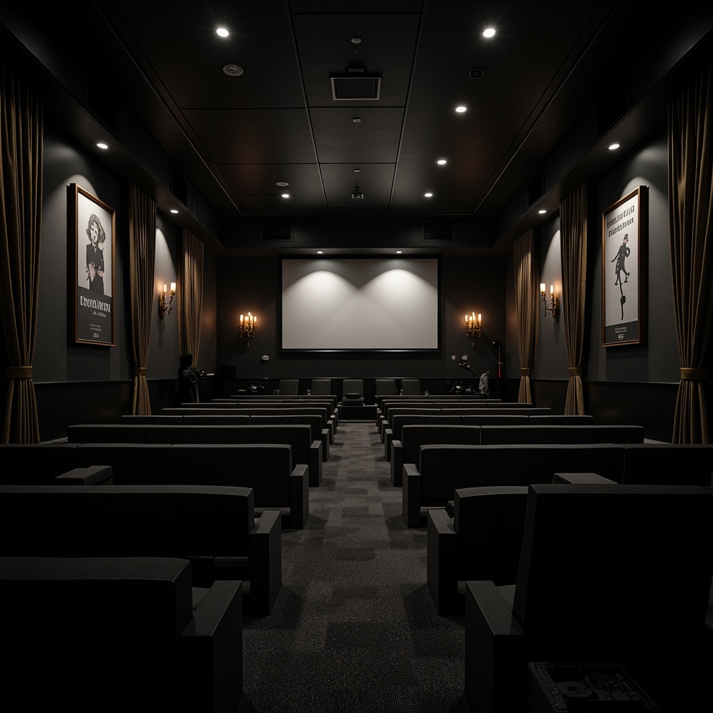 Prompt: Monochromatic cinema setting, darkened auditorium, minimalist decor, sleek black seats, subtle neon accents, low-key lighting, cinematic screens, retro film cameras, vintage movie posters, rich velvet curtains, ornate golden details, soft focus blur, shallow depth of field, 1/2 composition, warm color grading, high contrast ratio, atmospheric smoke effects.