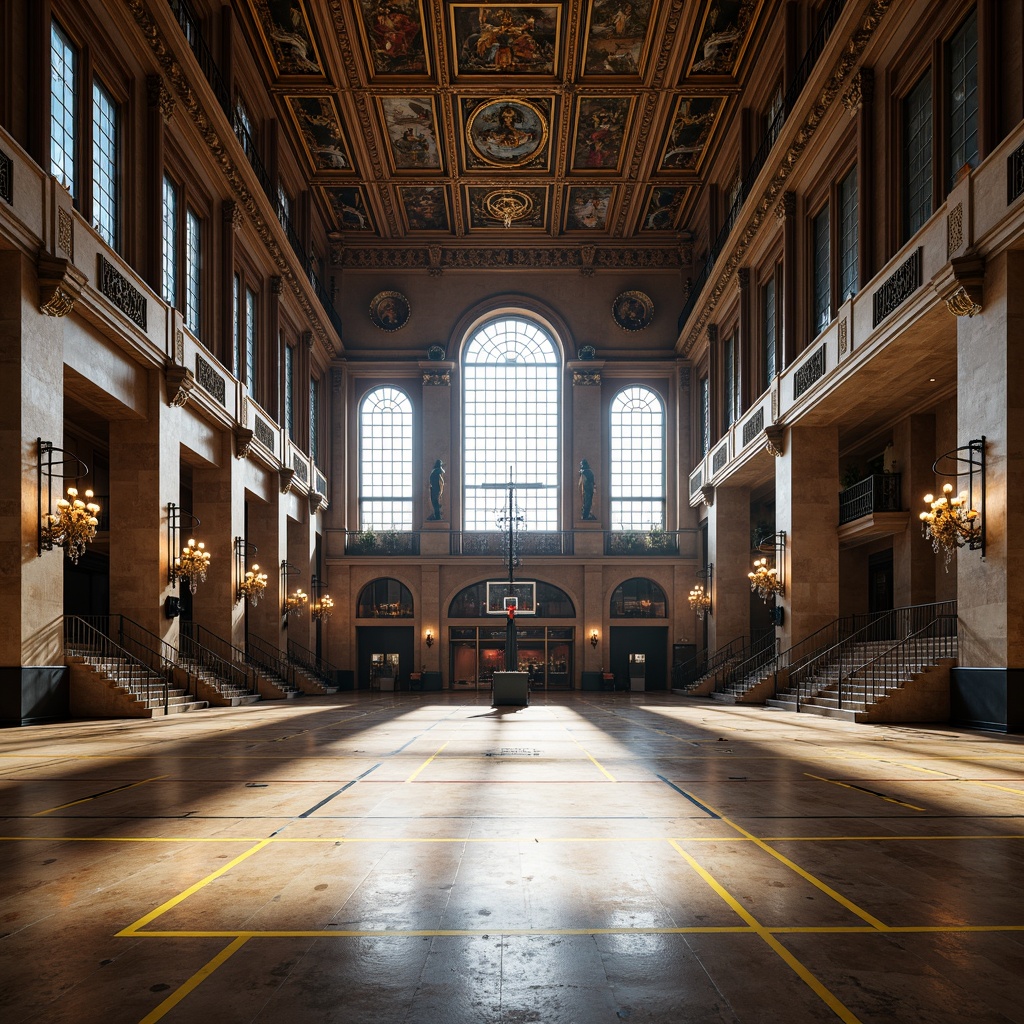 Prompt: Grand gymnasium interior, ornate metalwork, intricate wooden carvings, lavish chandeliers, marble flooring, richly textured walls, regal color scheme, imposing columns, vaulted ceilings, stained glass windows, athletic equipment, basketball hoops, tennis courts, running tracks, motivational quotes, sleek modern lighting, dramatic shadows, 3/4 composition, realistic reflections, ambient occlusion.