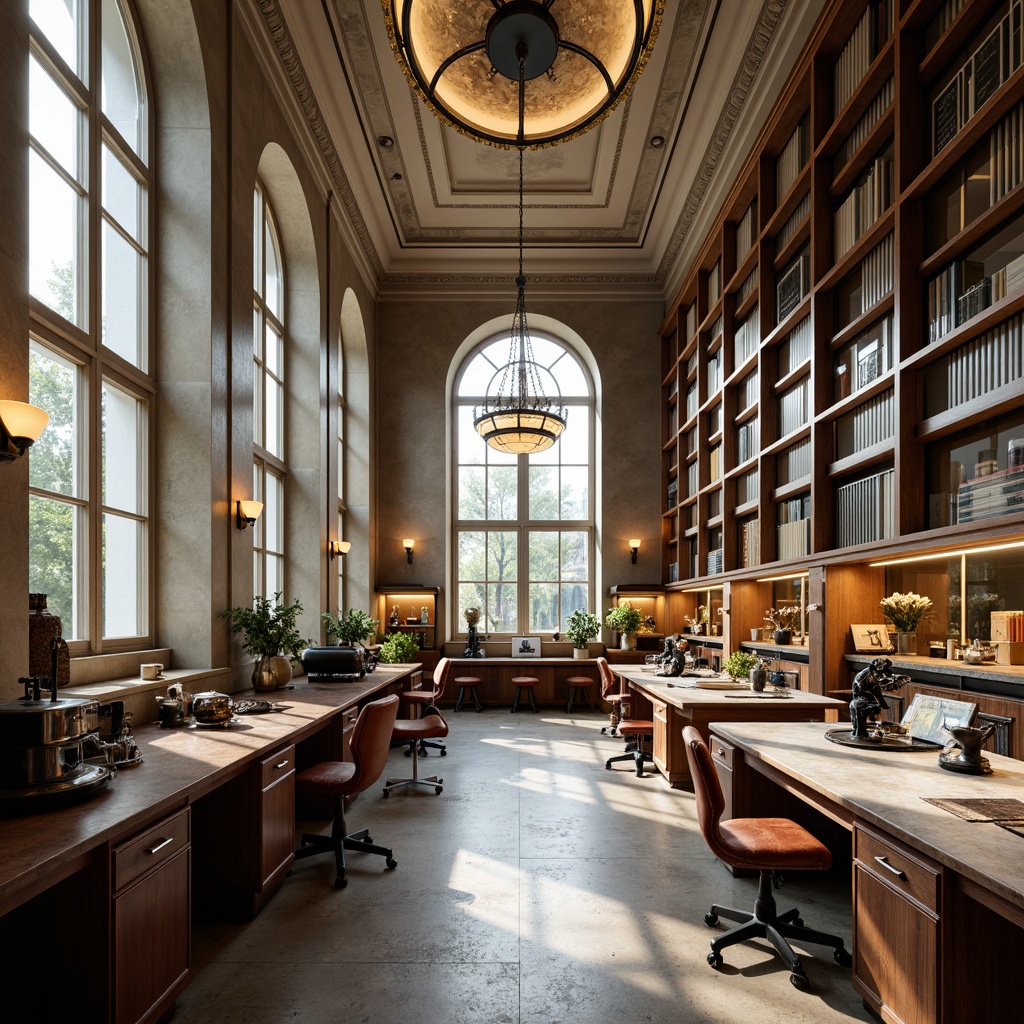 Prompt: Elegant laboratory, neoclassical architecture, marble countertops, wooden cabinets, metallic equipment, ergonomic chairs, minimalist desks, ornate mirrors, grand chandeliers, high ceilings, large windows, natural light, soft warm lighting, 3/4 composition, symmetrical arrangement, realistic textures, ambient occlusion, antique scientific instruments, vintage microscopes, distressed leather upholstery, rich wood tones, subtle gold accents.