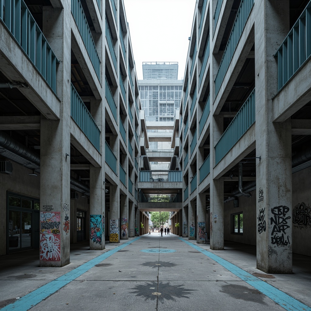 Prompt: Exposed concrete structures, rugged brutalist architecture, light blue accents, metallic beams, industrial pipes, urban cityscape, overcast skies, dramatic shadows, gritty textures, distressed finishes, poured concrete floors, raw steel columns, functional minimalism, geometric shapes, monochromatic color scheme, bold typography, abstract graffiti, desaturated tones, cinematic lighting, 1/1 composition, shallow depth of field, high-contrast rendering.