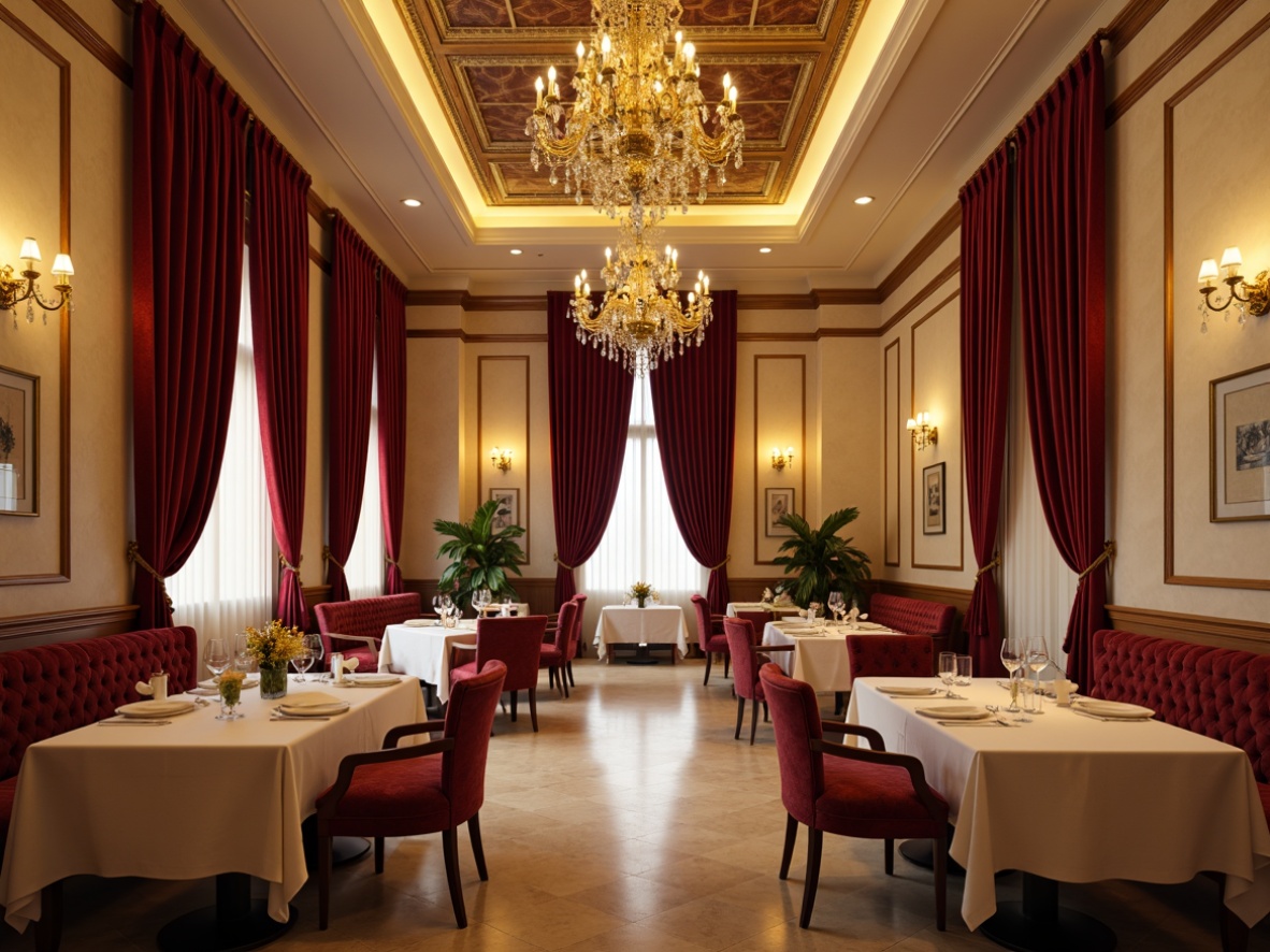 Prompt: Elegant dining hall, luxurious velvet drapes, rich wood tones, ornate chandeliers, cream-colored walls, warm beige floors, plush red armchairs, golden accents, sophisticated neutral colors, soft candlelight, 1/1 composition, intimate atmosphere, realistic textures, ambient occlusion.