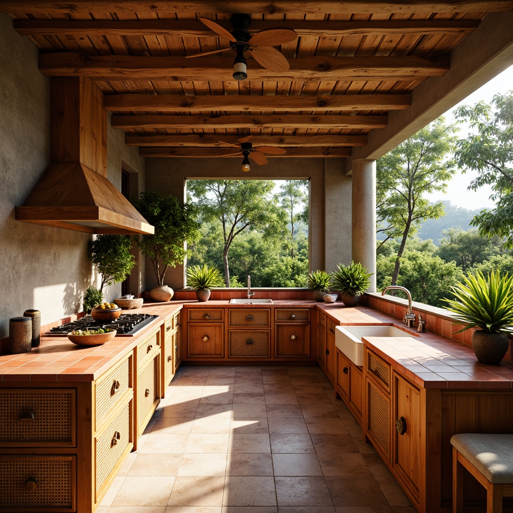 Prompt: Tropical island kitchen, warm wooden cabinetry, rattan accents, woven bamboo doors, distressed finishes, natural textures, earthy tones, palm tree-inspired hardware, colorful ceramic tiles, bright coral countertops, lush greenery, exotic flowers, sunny day, soft warm lighting, shallow depth of field, 3/4 composition, panoramic view, realistic textures, ambient occlusion.