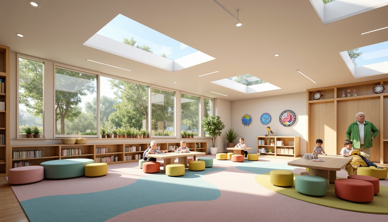 Prompt: Vibrant kindergarten interior, rounded shapes, soft pastel colors, ergonomic furniture, adjustable tables, colorful stools, interactive play structures, sensory stimulation zones, eco-friendly materials, natural wood accents, minimalist decor, abundant natural light, clerestory windows, sliding glass doors, cozy reading nooks, textured carpets, educational wall graphics, playful typography, stimulating color schemes, soft indirect lighting, shallow depth of field, 1/2 composition, realistic textures, ambient occlusion.