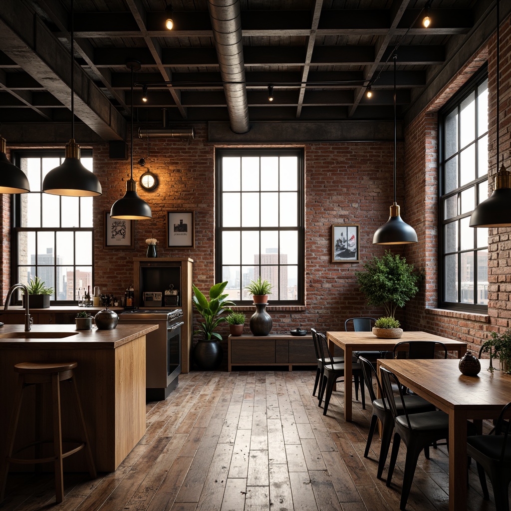 Prompt: Industrial-chic loft, exposed brick walls, high ceilings, metal beams, reclaimed wood floors, urban cityscape views, large windows, natural light pouring in, pendant lamps, Edison bulbs, minimalist track lighting, matte black finishes, industrial-style metal shades, warm soft glow, cozy ambiance, atmospheric mood, dramatic shadows, 1/1 composition, realistic rendering.