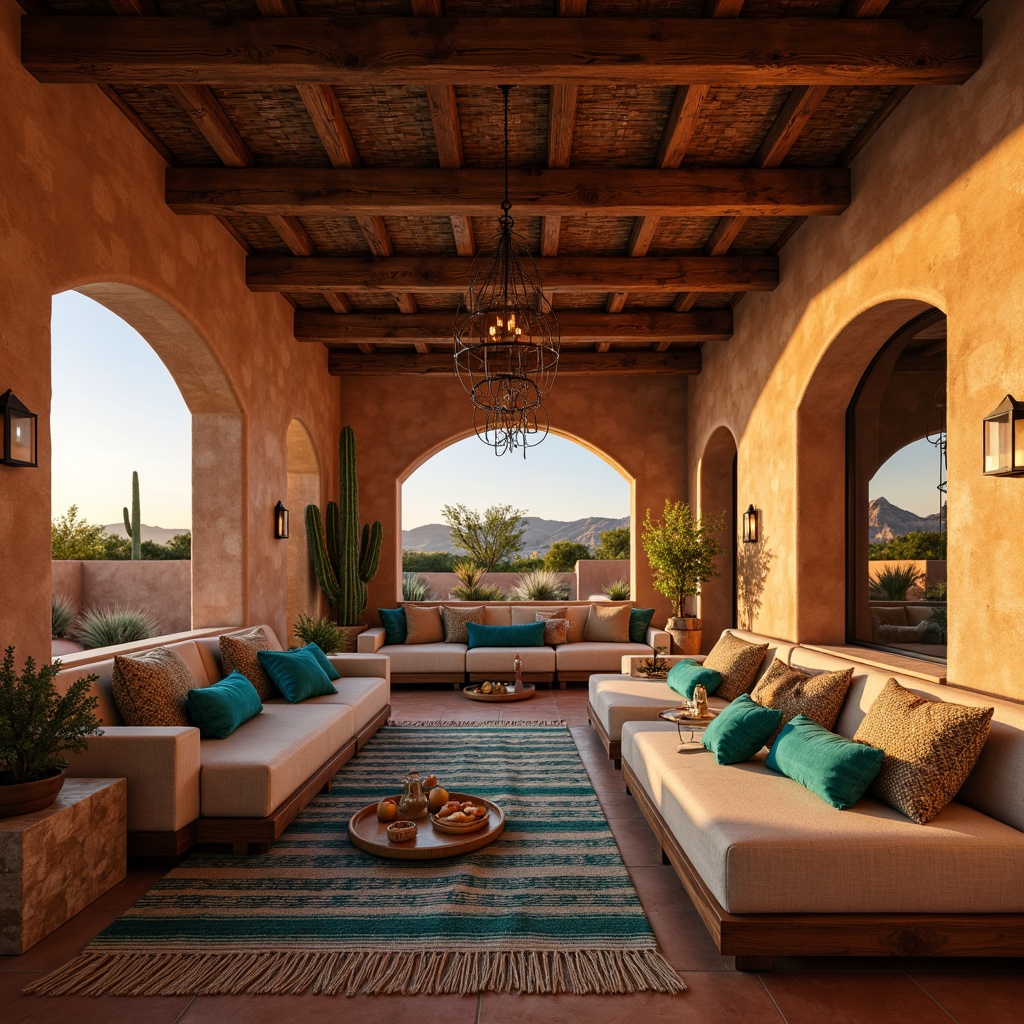 Prompt: Warm southwestern interior, rustic wooden beams, earthy adobe walls, vibrant turquoise accents, plush woven textiles, natural fiber rugs, warm terracotta flooring, cozy fireplaces, soft candlelight, ambient lanterns, pendant lighting fixtures, wrought iron chandeliers, warm golden lighting, sun-kissed windows, panoramic desert views, majestic cacti, rustic wooden furniture, comfortable seating areas, inviting conversation nooks, soft warm color palette, 1/2 composition, shallow depth of field.