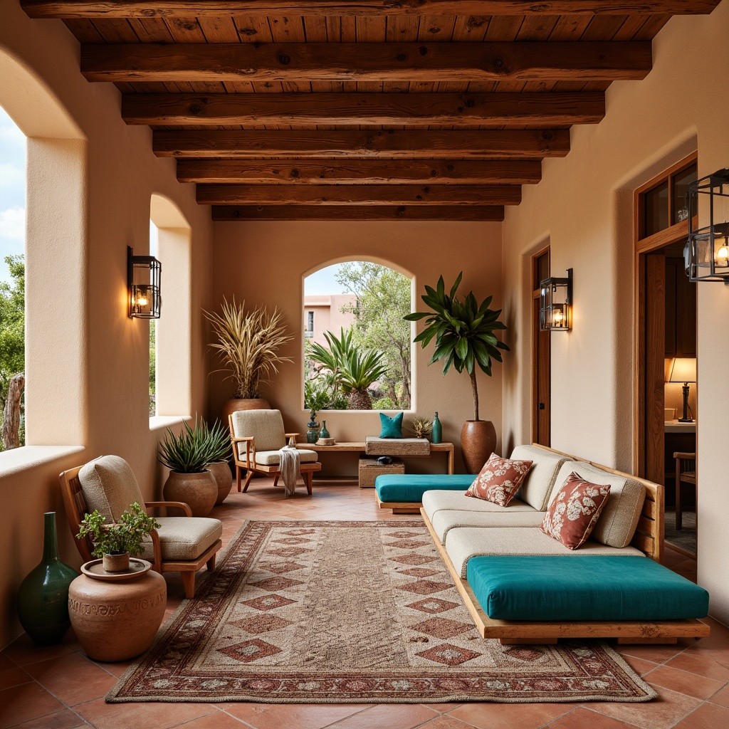 Prompt: Southwestern-inspired interior, warm earthy tones, terracotta floors, adobe-style walls, rustic wooden beams, vibrant turquoise accents, woven textiles, geometric patterned rugs, natural fiber upholstery, reclaimed wood furniture, desert botanicals, potted cacti, warm sandy neutrals, clay pottery, hand-painted ceramics, wrought iron light fixtures, rustic metal decor, cozy throw blankets, plush pillows, ambient warm lighting, shallow depth of field, 1/1 composition, realistic textures.