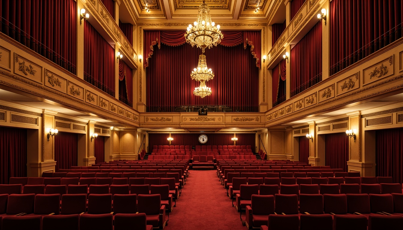 Prompt: Elegant theater interior, neoclassical architecture, ornate details, velvet curtains, golden chandeliers, wooden paneling, acoustic panels, sound-absorbing materials, tiered seating, grand stage, crimson red carpets, intricate moldings, soft warm lighting, 1/2 composition, shallow depth of field, realistic textures, ambient occlusion.