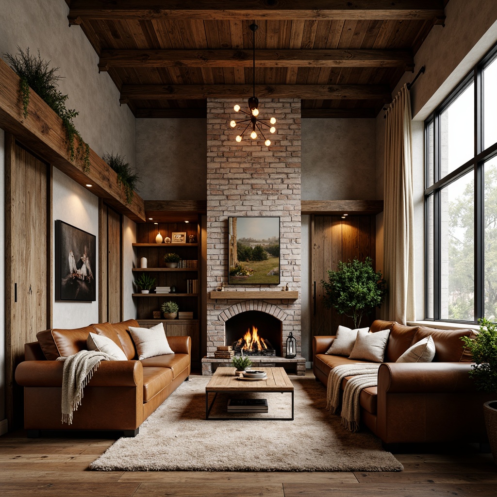 Prompt: Rustic steel-framed interior, distressed wood accents, earthy color palette, warm beige tones, weathered metal frames, reclaimed wooden planks, natural stone walls, vintage industrial lighting, exposed brick textures, cozy throw blankets, plush area rugs, comfortable leather sofas, rich brown leathers, soft candlelight, 1/2 composition, shallow depth of field, realistic textures, ambient occlusion.