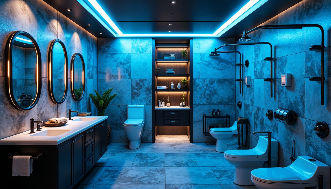 Prompt: Futuristic bathroom, iridescent glass tiles, neon blue accents, sleek metallic fixtures, holographic mirrors, LED lighting strips, soft glow ambiance, minimalist design, avant-garde sinks, futuristic toilets, high-tech shower systems, misting rain showerheads, waterfall countertops, polished chrome faucets, matte black cabinetry, ambient occlusion, shallow depth of field, 1/1 composition, realistic textures, warm neon lighting, cyberpunk atmosphere.