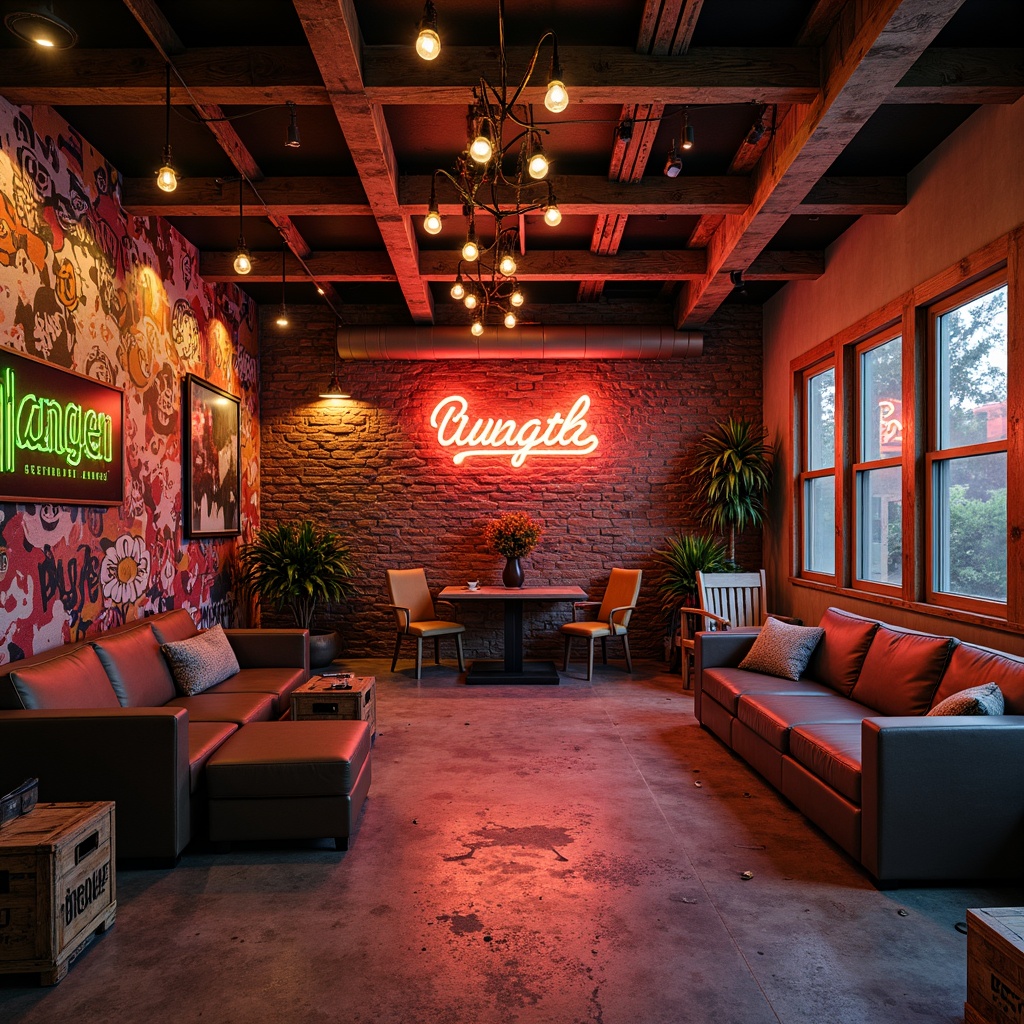 Prompt: Vibrant eclectic garage, exposed brick walls, industrial metal beams, reclaimed wood accents, neon sign art, Edison bulb chandeliers, pendant lamps, colorful glass pendant lights, metal shade lamps, rustic wooden crates, distressed leather sofas, abstract graffiti murals, urban street art vibes, dimmable LED strip lighting, warm cozy ambiance, 1/1 composition, softbox lighting, realistic textures, ambient occlusion.