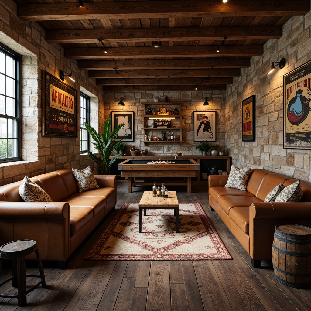 Prompt: Rustic game room, wooden accents, earthy tones, stone walls, vintage signs, distressed leather sofas, reclaimed wood tables, metal lanterns, wooden barrels, rustic metal chairs, natural fiber rugs, warm cozy lighting, shallow depth of field, 1/1 composition, realistic textures, ambient occlusion.