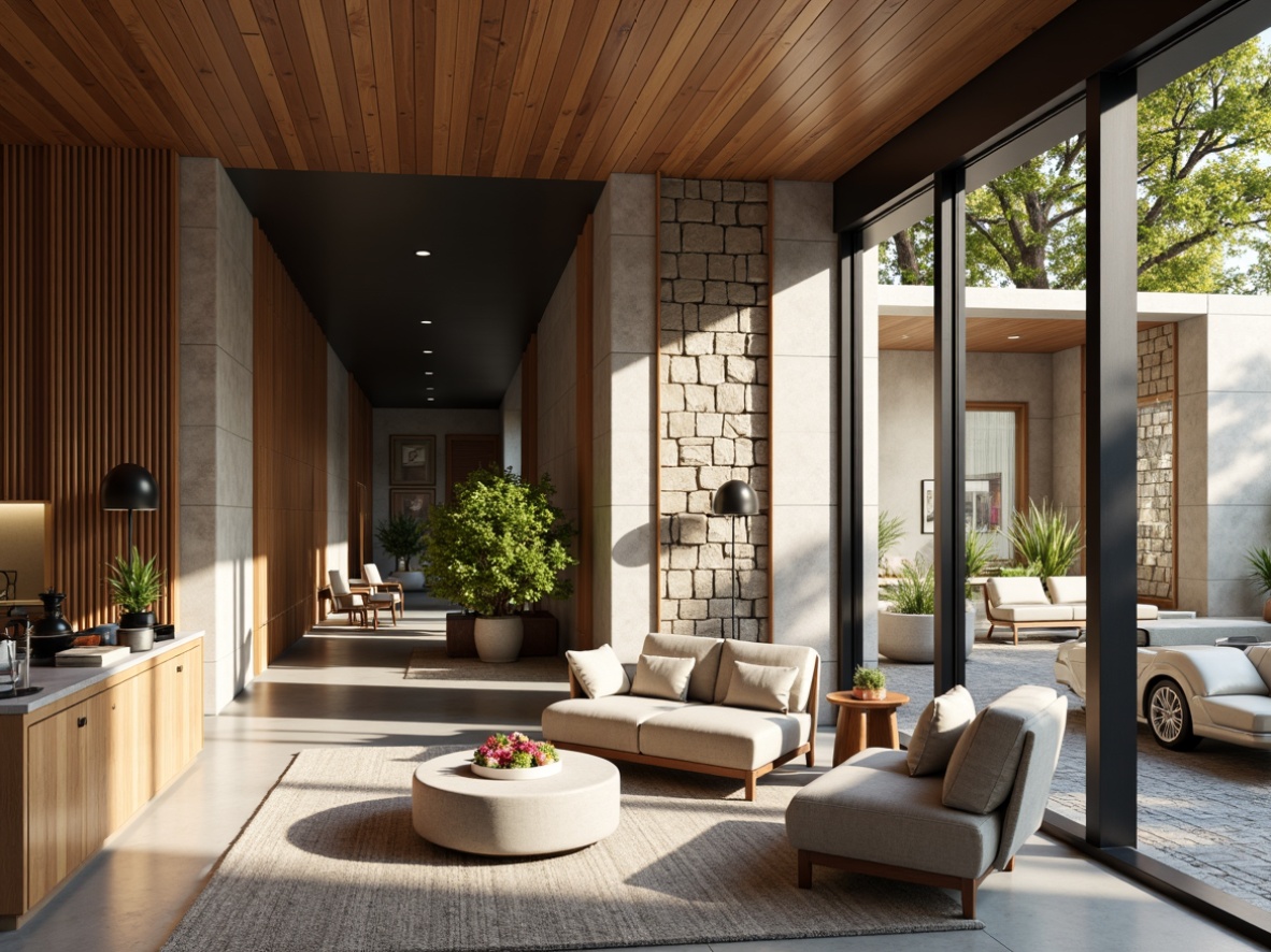 Prompt: Transitional interior space, mixed materials, wooden accents, textured stone walls, polished metal surfaces, sleek glass partitions, minimal ornamentation, functional furnishings, natural light influx, soft warm ambiance, 1/2 composition, shallow depth of field, realistic textures, ambient occlusion.