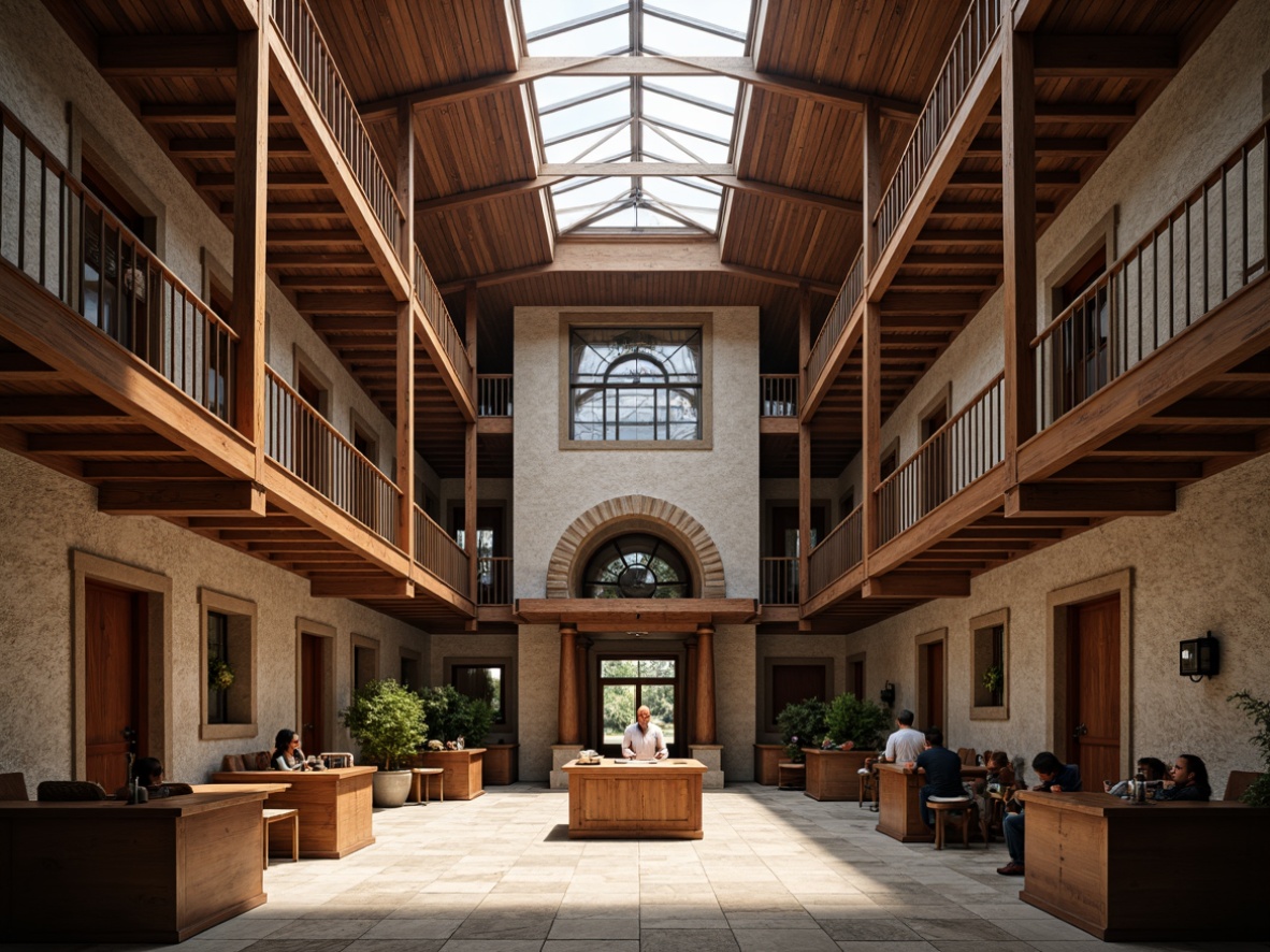 Prompt: Rustic courthouse, natural stone fa\u00e7ade, wooden accents, overhanging eaves, pitched roof, stained glass windows, ornate metalwork, earthy color palette, warm interior lighting, open atrium, clerestory windows, indirect sunlight, soft shadows, 1/1 composition, symmetrical architecture, traditional craftsmanship, rich wood tones, ambient occlusion.