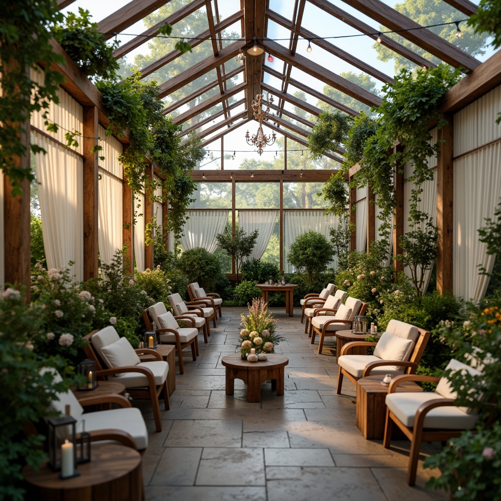 Prompt: Whimsical greenhouse, lush greenery, distressed wooden frames, vintage metal accents, soft warm lighting, string lights, lanterns, candles, rustic stone floors, reclaimed wood benches, natural fiber textiles, pastel color palette, romantic florals, delicate lace curtains, dainty chandeliers, warm beige tones, subtle misting system, cozy nooks, intimate seating areas, lush foliage, warm golden hour light, shallow depth of field, 1/1 composition, soft focus, realistic textures.