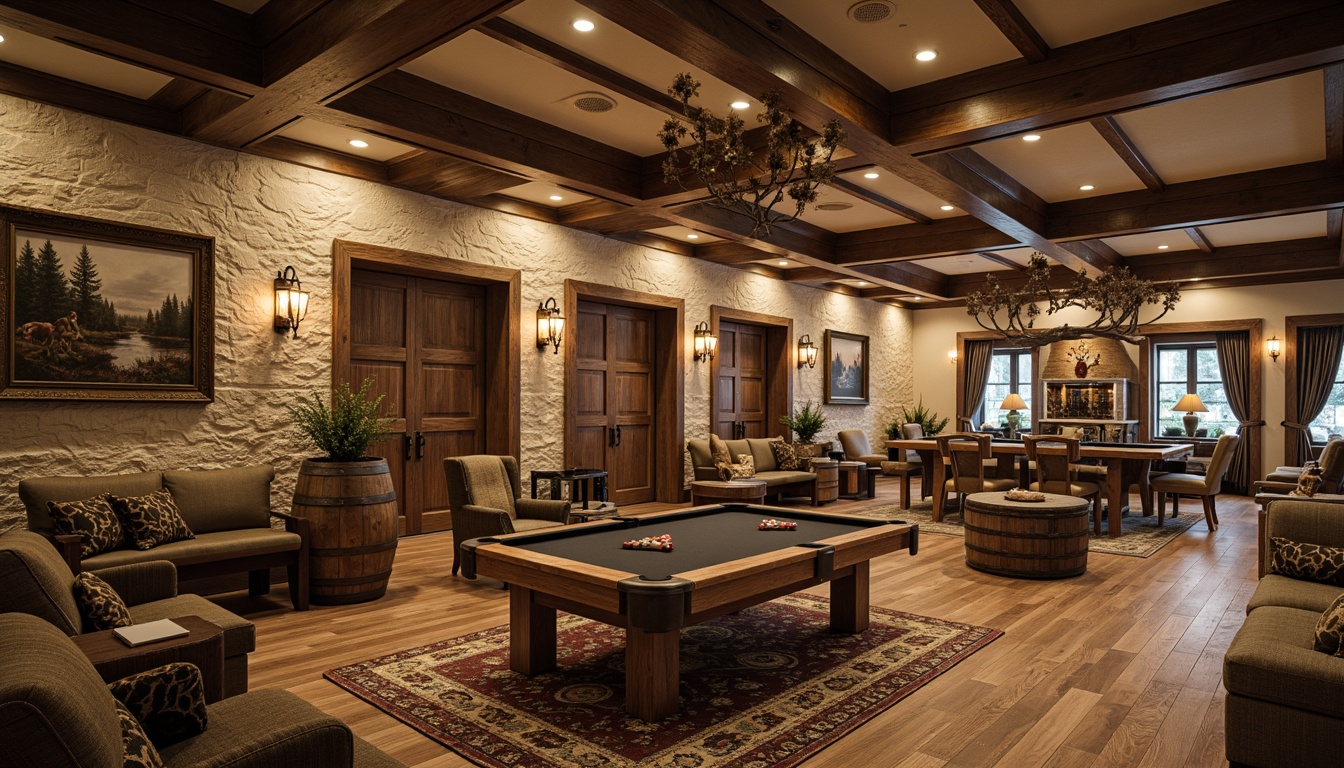 Prompt: Rustic game room, wooden accents, earthy tones, vintage furniture, distressed finishes, natural textures, stone walls, reclaimed wood floors, cozy atmosphere, warm lighting, rustic chandeliers, comfortable seating, plush throw blankets, wooden barrels, antique decorations, hunting trophies, nature-inspired artwork, rich leather upholstery, warm beige colors, soft cream accents, inviting ambiance, shallow depth of field, 3/4 composition, realistic textures, ambient occlusion.