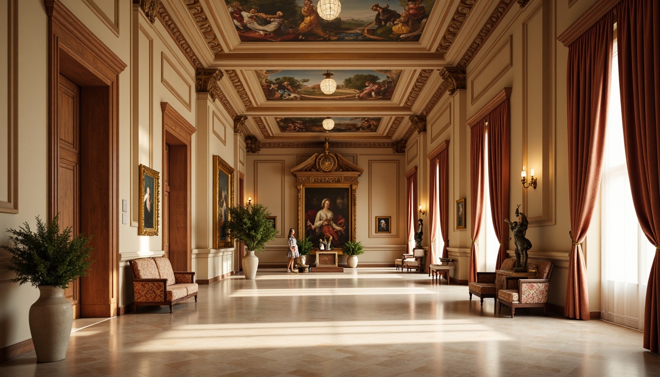 Prompt: Elegant museum interior, warm beige walls, rich wood accents, ornate golden frames, soft cream marble floors, vibrant Renaissance-inspired artwork, intricate Baroque patterns, luxurious velvet drapes, subtle natural lighting, warm gentle shadows, 1/2 composition, shallow depth of field, realistic textures, ambient occlusion, classic European-style furniture, decorative frescoes, grand chandeliers.