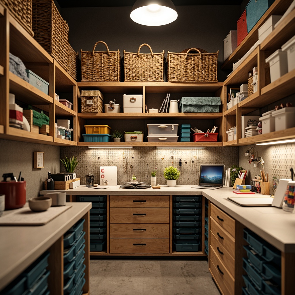 Prompt: Organized craft room, wooden shelves, stacked crates, woven baskets, colorful fabric storage bins, transparent plastic containers, labeled drawers, metal pegboards, hanging tool organizers, adjustable desk lamps, warm soft lighting, shallow depth of field, 1/1 composition, realistic textures, ambient occlusion.