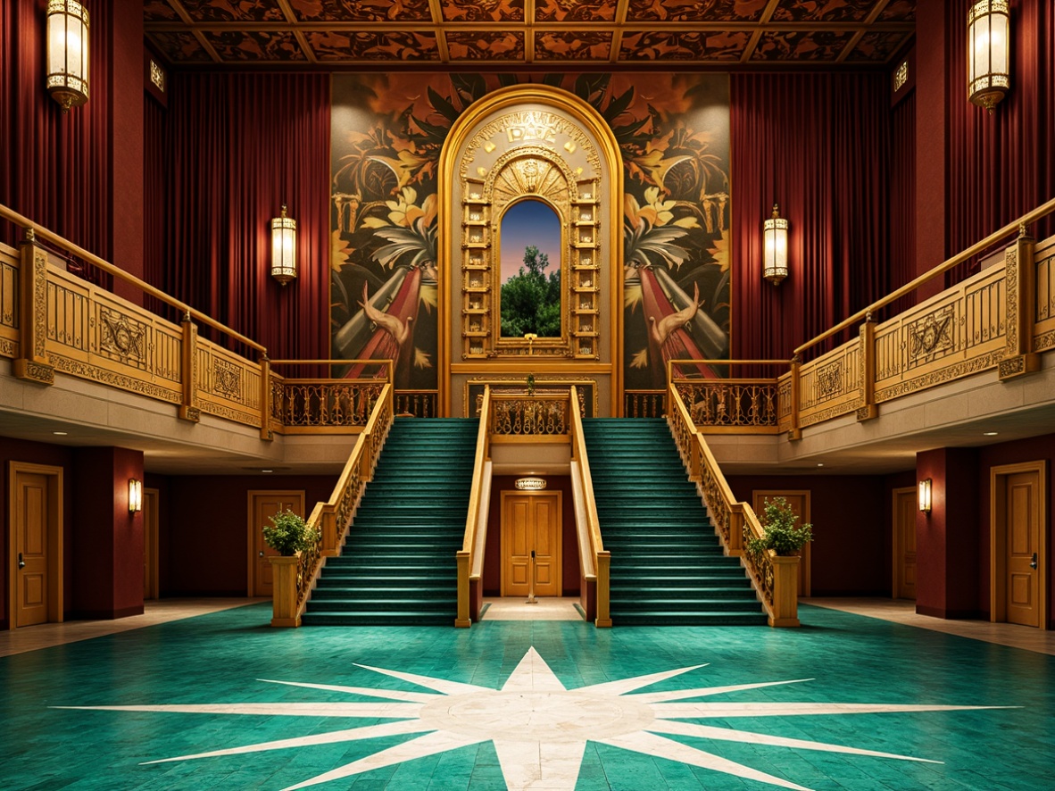 Prompt: Grandiose amphitheater, ornate Art Deco details, golden accents, intricate geometric patterns, luxurious velvet curtains, ornamental bronze doors, majestic staircases, decorative iron railings, lavish chandeliers, opulent marble floors, vibrant turquoise tiles, sunburst motifs, chevron designs, stylized florals, elegant typography, dramatic spotlights, warm ambient lighting, 3/4 composition, low-angle shot, cinematic flair.