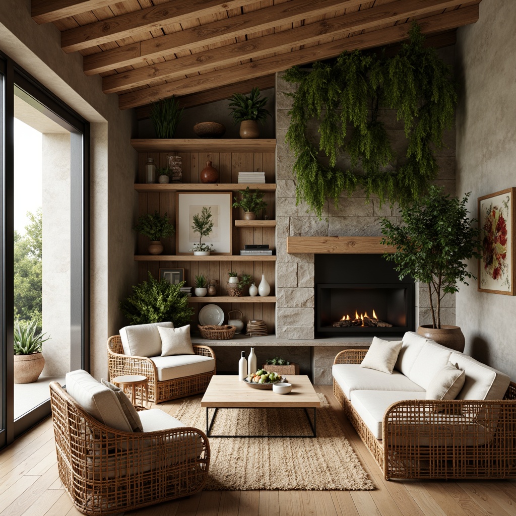 Prompt: Earthy tones, reclaimed wood accents, natural stone walls, woven bamboo furniture, jute rug, linen upholstery, rattan decor, potted plants, living green walls, organic shapes, minimalist decor, warm soft lighting, cozy atmosphere, earthy color palette, natural textiles, wooden floorboards, stone fireplaces, botanical prints, nature-inspired patterns.