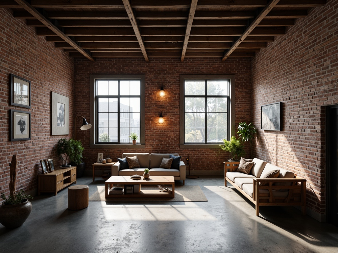 Prompt: Exposed brick walls, distressed wooden planks, polished concrete floors, industrial metal beams, reclaimed wood accents, urban loft atmosphere, minimalist decor, functional lighting fixtures, Edison bulb lamps, steel windows, black metal frames, rustic wooden furniture, vintage decorative items, moody color palette, dramatic shadows, high ceilings, open-plan layout, modern industrial chic, raw unfinished textures, eclectic art pieces, abstract sculptures.