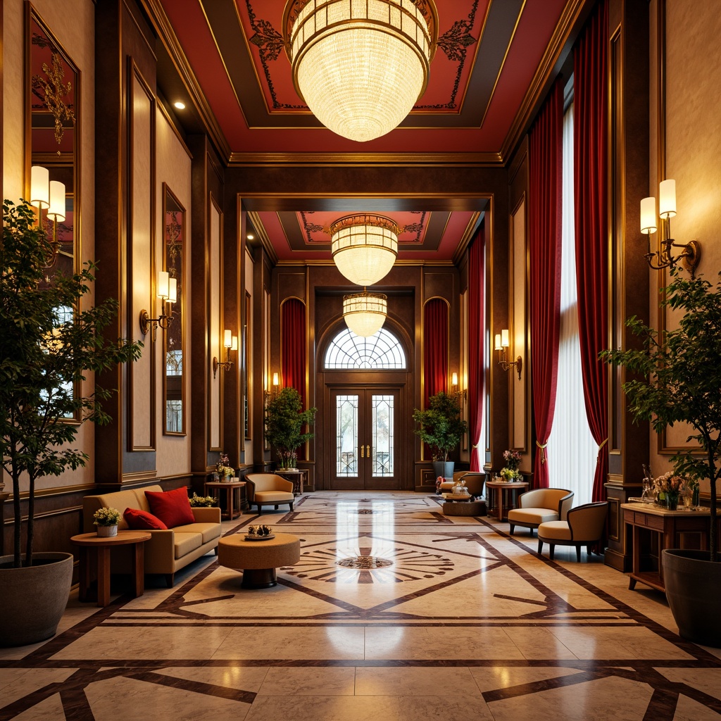 Prompt: Luxurious Art Deco interior, geometric metallic accents, ornate mirrors, lavish chandeliers, velvet drapes, marble floors, bold color schemes, intricate moldings, sunburst patterns, chevron designs, opulent furnishings, vintage decorative accessories, glamorous lighting fixtures, metallic leaf motifs, beveled glass surfaces, high-gloss finishes, symmetrical compositions, 1/1 aspect ratio, dramatic shadow effects, soft warm illumination.