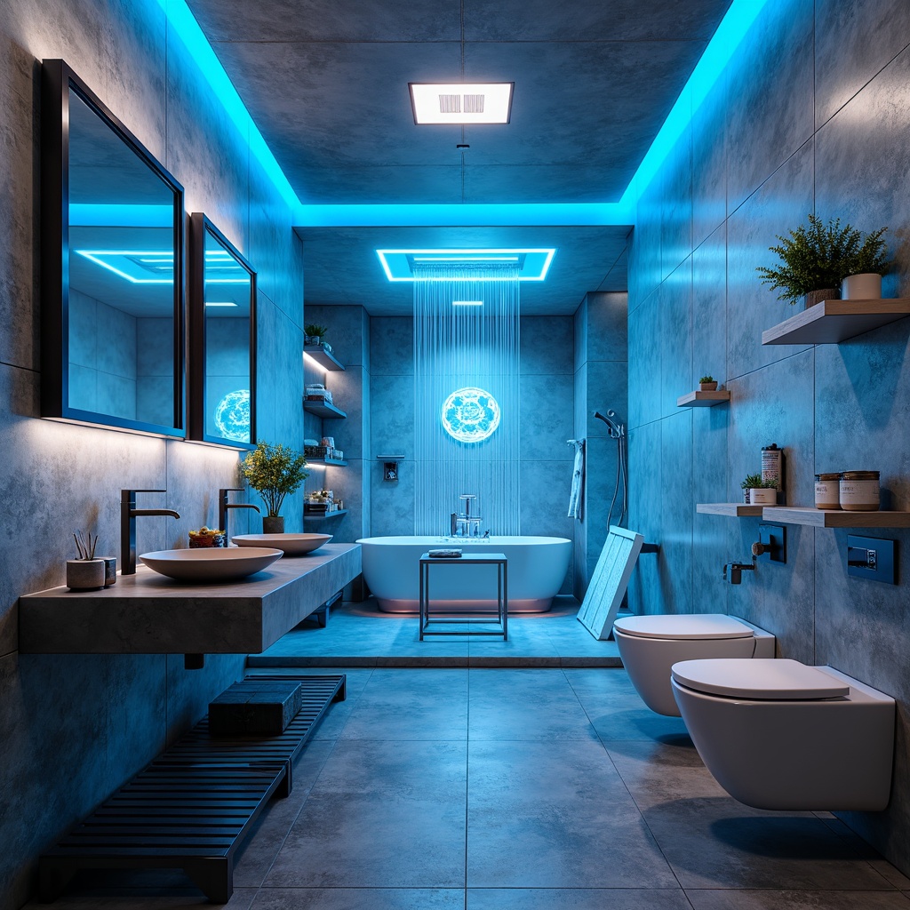 Prompt: Futuristic bathroom, neon-lit mirrors, sleek metallic sinks, waterfall countertops, LED-backlit glass shelves, minimalist chrome faucets, wall-mounted toilets, futuristic showers with rainfall heads, body sprays, chromotherapy lighting, heated floors, ambient LED strip lighting, 3D-printed decorative elements, holographic displays, smart home integration, voice-controlled water temperature, automated soap dispensers, self-cleaning toilet bowls, motion-sensing hand dryers, polished concrete walls, futuristic tile patterns, soft blue glow, shallow depth of field, panoramic view, realistic reflections.