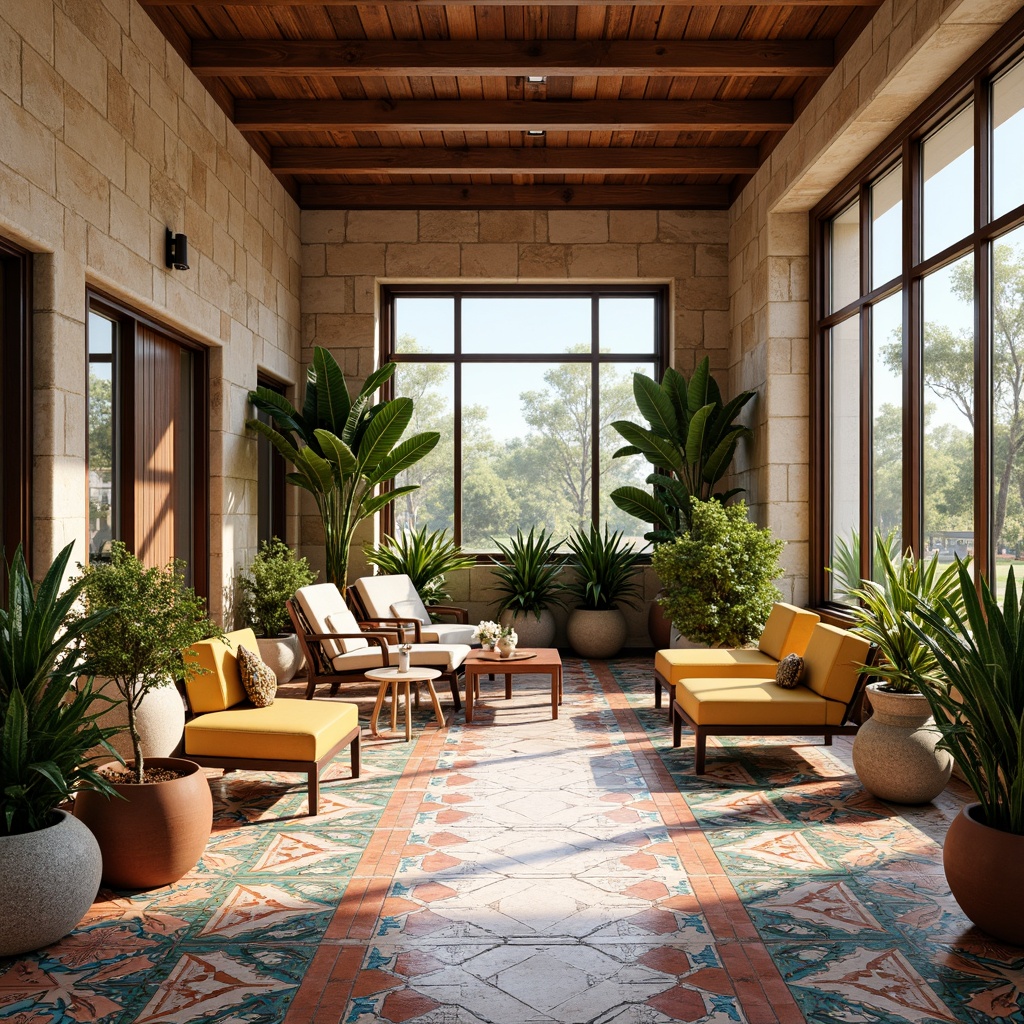 Prompt: Vibrant sunroom, stylish tile patterns, Moroccan-inspired geometric shapes, bold colorful hues, natural stone accents, wooden ceiling beams, large windows, sliding glass doors, lush greenery, tropical plants, warm sunny day, soft diffused lighting, 1/1 composition, realistic textures, ambient occlusion.