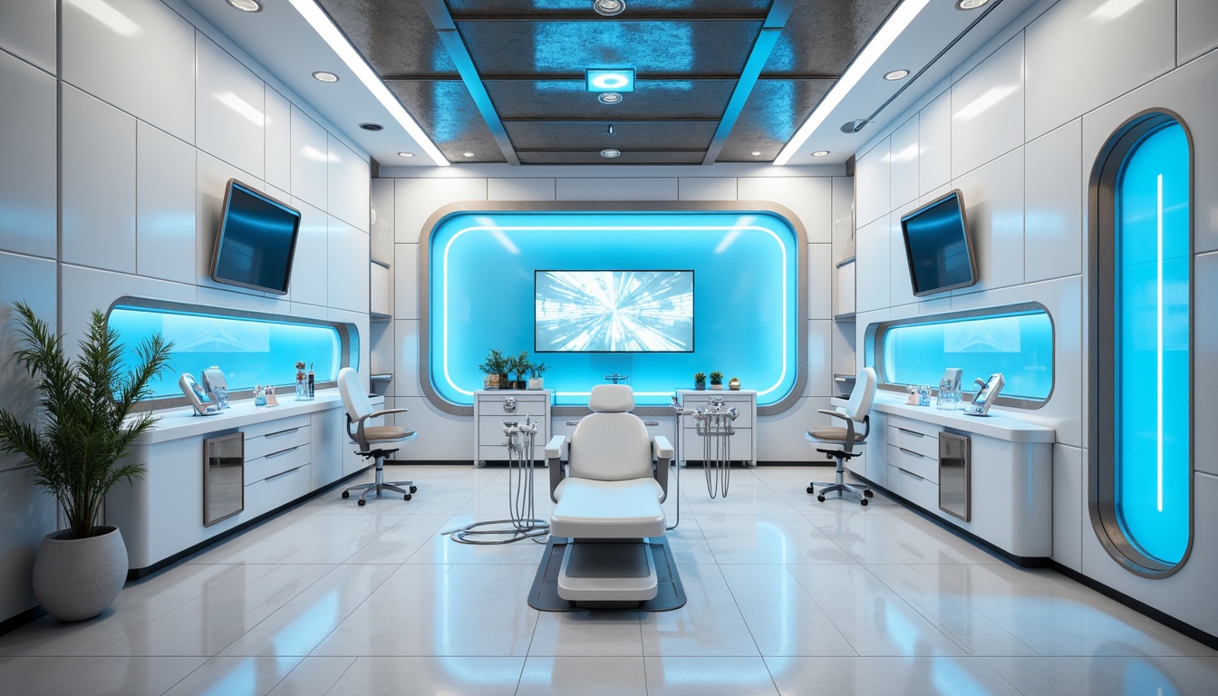 Prompt: Futuristic dental clinic interior, sleek metal walls, glossy white surfaces, neon blue accents, LED light strips, minimalist design, geometric patterns, futuristic equipment, high-tech machinery, holographic displays, virtual reality experiences, ambient occlusion, shallow depth of field, 3/4 composition, panoramic view, realistic textures, soft warm lighting, modern architecture, innovative materials, eco-friendly finishes, calming atmosphere, serene ambiance.