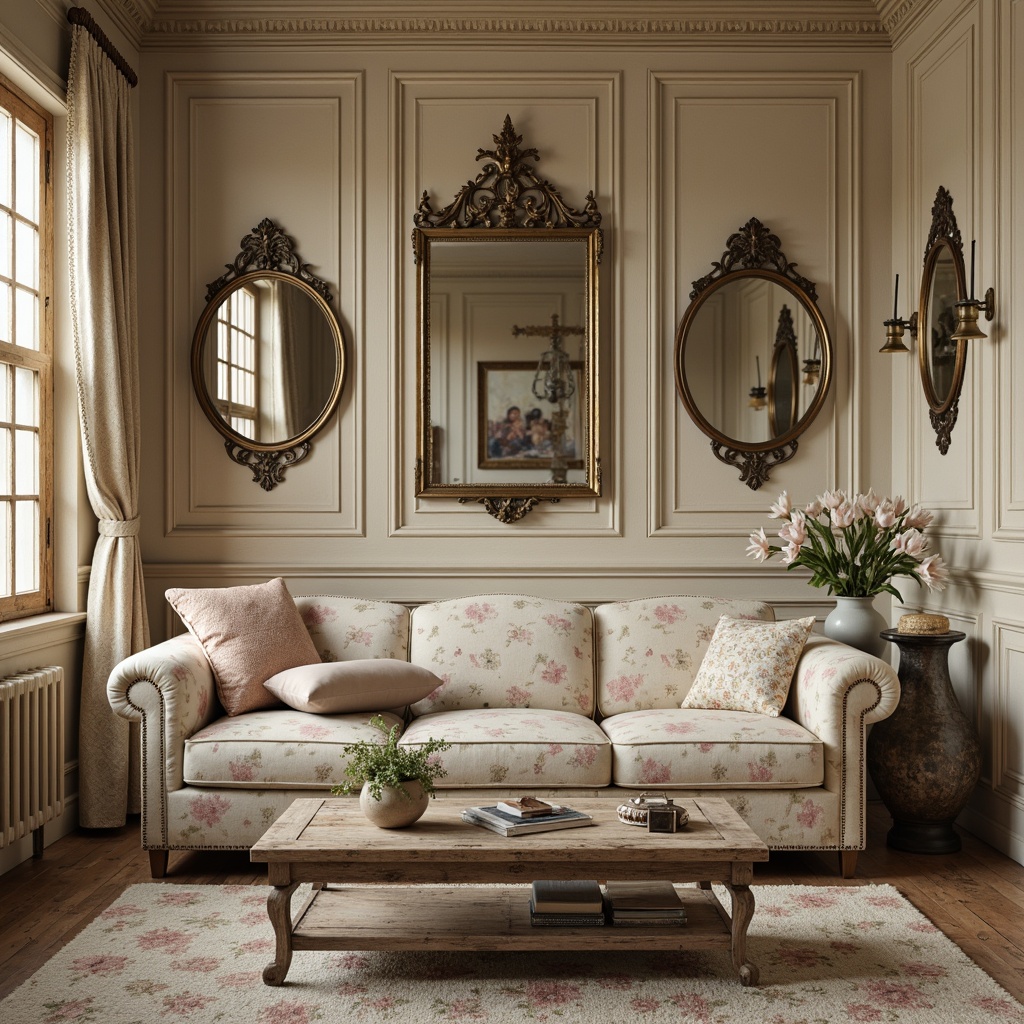 Prompt: Distressed finishes, soft pastel hues, floral patterns, vintage accents, elegant curves, ornate details, rustic wood tones, comfortable upholstery, plush cushions, lace trimmings, antique hardware, ornamental mirrors, distressed metal frames, warm beige walls, natural textiles, soft candlelighting, 3/4 composition, intimate scale, cozy atmosphere.