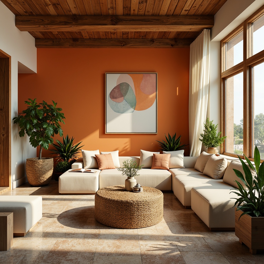 Prompt: Vibrant living room, bold accent walls, rich wood furniture, creamy beige sofas, soft pastel throw pillows, natural stone flooring, warm golden lighting, cozy reading nook, lush green plants, eclectic art pieces, abstract geometric patterns, modern minimalist decor, airy open layout, calm atmosphere, 1/1 composition, shallow depth of field.