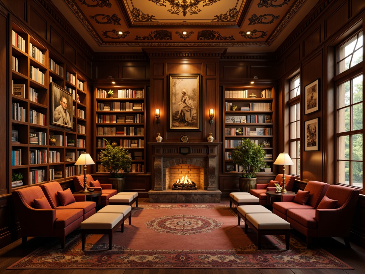 Prompt: Cozy reading nooks, plush armchairs, rich wood paneling, warm golden lighting, comfortable ottomans, vintage bookshelves, classic literature displays, ornate ceiling decorations, soft velvet fabrics, elegant wooden tables, antique bronze lamps, rustic stone fireplaces, tranquil atmosphere, shallow depth of field, 1/1 composition, realistic textures, ambient occlusion.