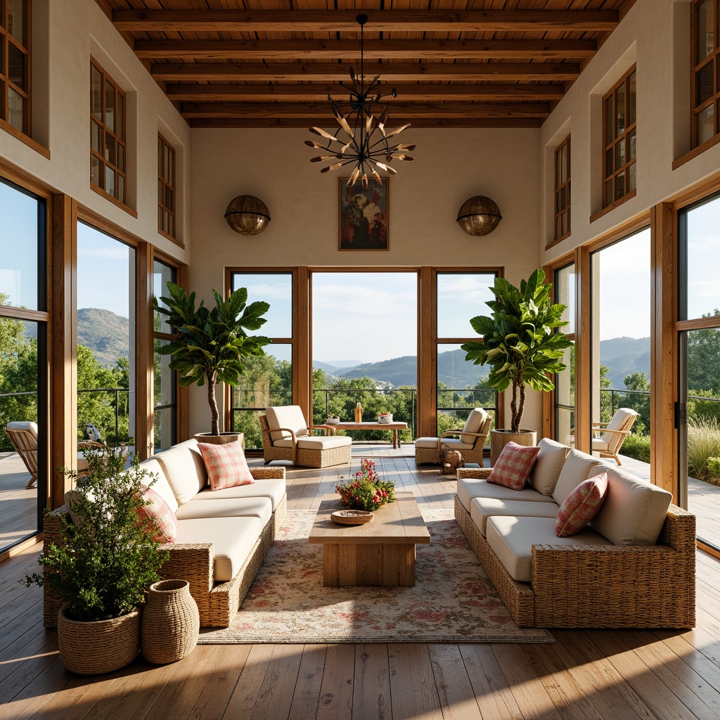 Prompt: Spacious farmhouse, open layout, high ceilings, natural wood accents, woven rattan furniture, lush greenery, tropical plants, vibrant floral arrangements, rustic wooden beams, earthy color palette, reclaimed wood flooring, distressed metal decorations, large windows, sliding glass doors, warm sunny day, soft diffused lighting, shallow depth of field, 3/4 composition, panoramic view, realistic textures, ambient occlusion.