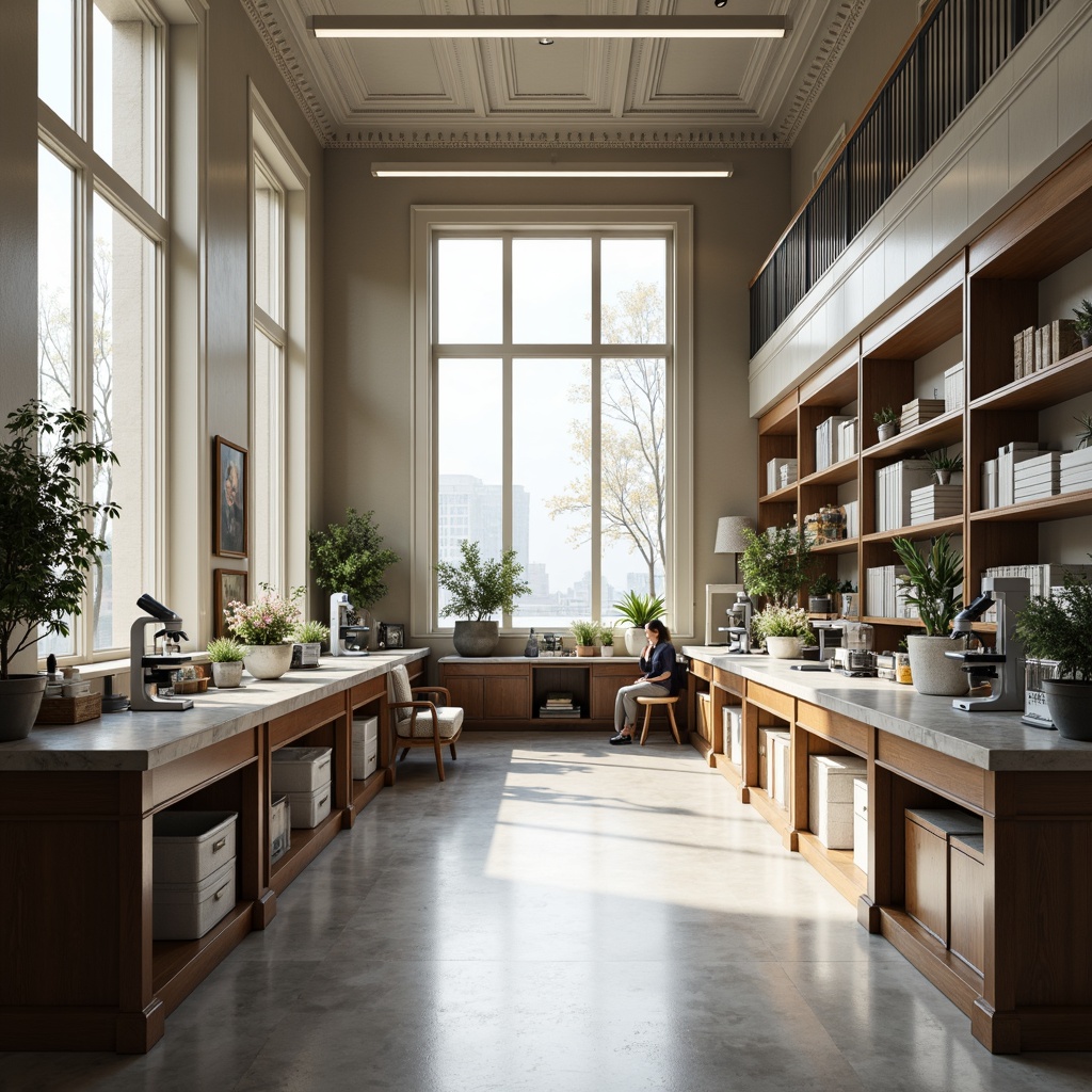 Prompt: Symmetrical laboratory layout, neoclassical architectural style, high ceilings, large windows, natural light, elegant wooden furnishings, polished marble countertops, stainless steel equipment, futuristic microscopes, sleek shelving units, organized storage spaces, comfortable seating areas, neutral color palette, soft indirect lighting, shallow depth of field, 1/2 composition, realistic textures, ambient occlusion.