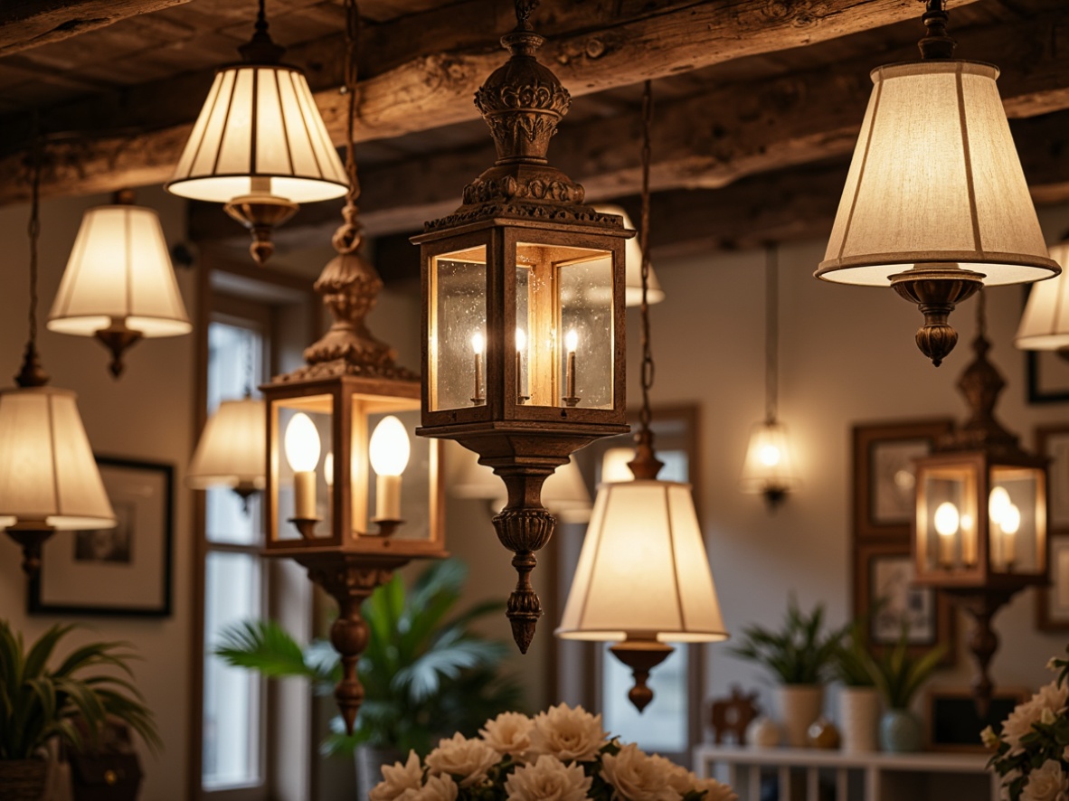 Prompt: Distressed wooden chandeliers, vintage metal lanterns, soft warm glow, candle-like lighting, mercury glass pendant lights, rustic bronze fixtures, ornate ironwork, creamy white shades, linen-textured lampshades, delicate crystals, floral patterns, distressed finishes, muted pastel colors, natural fabrics, whimsical accessories, elegant curvatures, subtle sparkle, ambient illumination, 1/1 composition, soft focus, dreamy atmosphere.