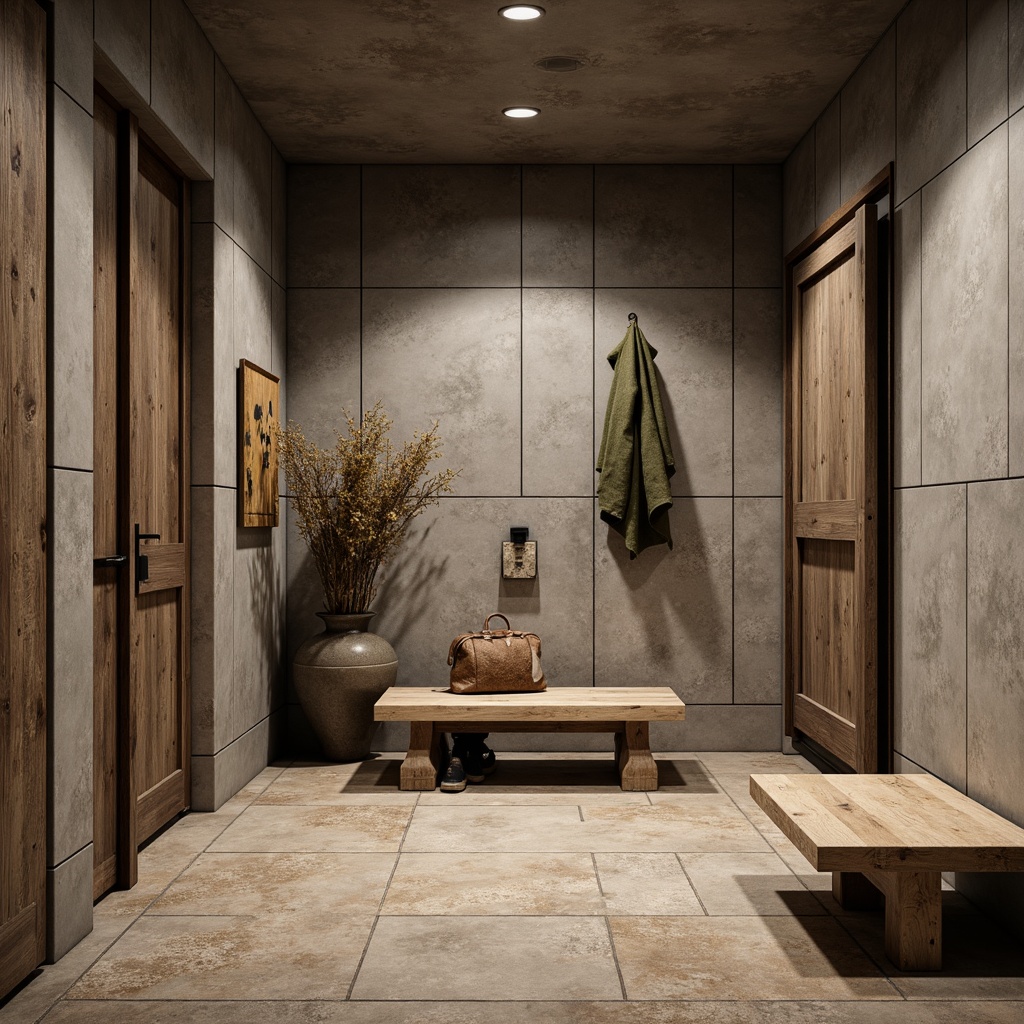 Prompt: Rustic mudroom, natural stone flooring, textured concrete walls, industrial metal accents, matte epoxy coating, high-gloss polyurethane finish, water-resistant silicone sealants, rough-hewn wood benches, earthy color palette, warm ambient lighting, shallow depth of field, 1/1 composition, realistic textures, ambient occlusion.