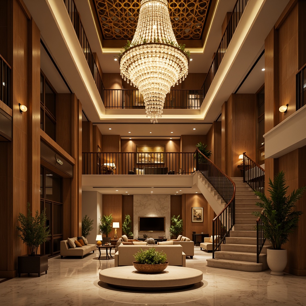 Prompt: Elegant chandelier, crystal droplets, warm golden tones, luxurious living room, high ceiling, grand staircase, marble flooring, sophisticated ambiance, soft warm lighting, dramatic shadows, 3/4 composition, realistic reflections, ambient occlusion.