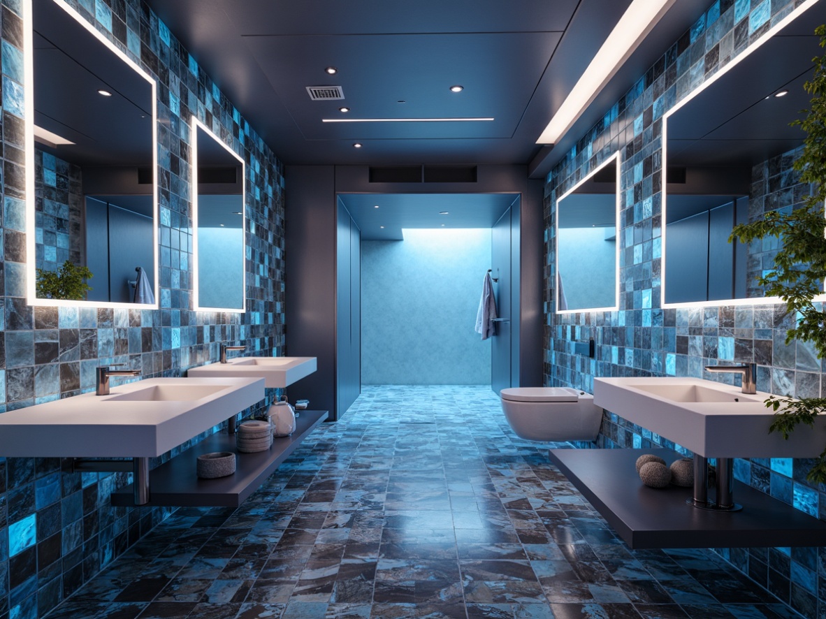 Prompt: Futuristic bathroom interior, metallic accents, LED lighting strips, iridescent glass tiles, holographic patterns, sleek marble countertops, minimalist sink basins, wall-mounted toilets, chrome faucets, misty mirror surfaces, atmospheric fog effects, neon-lit shower cubicles, translucent glass partitions, ambient glow, shallow depth of field, 1/2 composition, soft focus, realistic reflections, advanced water conservation systems.