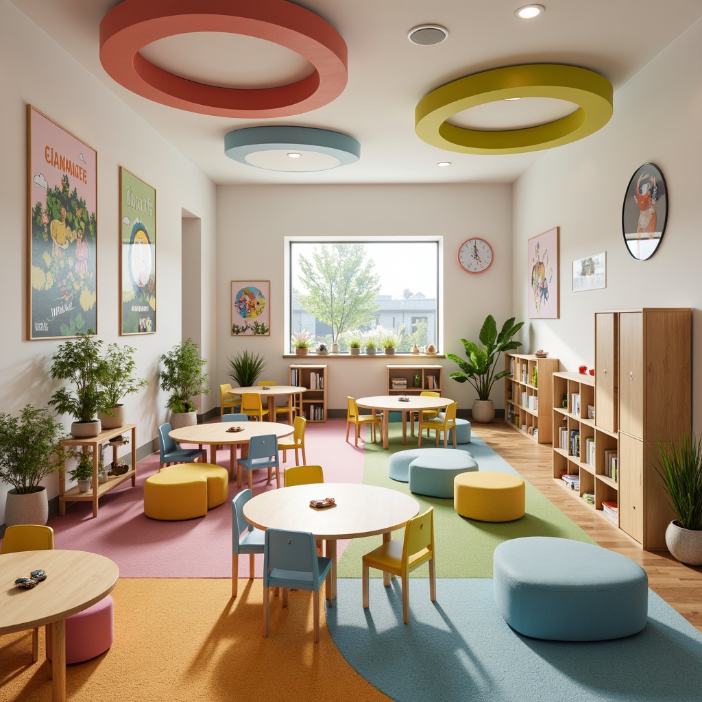 Prompt: Vibrant kindergarten interior, soft pastel colors, rounded corners, eco-friendly materials, wooden tables, colorful chairs, playful lighting fixtures, interactive displays, educational graphics, comfortable reading nooks, cozy carpeted areas, modular storage units, acoustic panels, minimalist shelving, modern Scandinavian design, natural textiles, whimsical wall murals, circular shapes, softbox lighting, shallow depth of field, 1/2 composition, realistic textures, ambient occlusion.